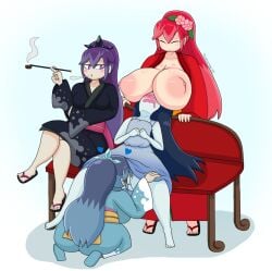 <3 blizzaria blush breasts_on_face camellia_(yo-kai_watch) damona_(yo-kai_watch) drizzelda drooling fubuki-hime pipe smoking spread_legs tagme touhoufan yo-kai_watch yo-kai_watch_2