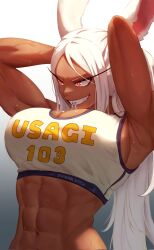 1girls abs armpits artist_name athletic_female athletic_top boku_no_hero_academia bunny_ears bunny_girl busty cleavage dark-skinned_female dark_skin hairband holding_in_mouth kemonomimi long_eyelashes miruko muscular muscular_abs muscular_female my_hero_academia red_eyes rumi_usagiyama shibarinsfw shibbunny sweat teeth tying_hair white_hair