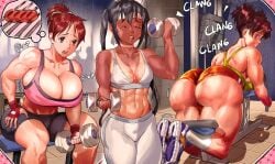 3girls alternate_breast_size azusa_nakano_(k-on!) big_butt black_hair brown_hair dumbbell female female_only gym huge_breasts huge_butt human jun_suzuki_(k-on!) k-on! keigi_(artist) large_butt multiple_girls muscular muscular_female six_pack sweat sweating sweaty_butt ui_hirasawa_(k-on!) working_out workout_clothes