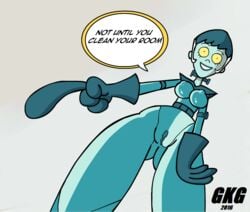 2016 breasts cartoon_network clothing dexter's_laboratory dexter's_mom dialogue english_text female gkg gloves humanoid low-angle_view machine mature_female mom_droid nipples nude pussy robot smile solo speech_bubble text