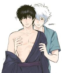 2boys ? black_hair blush gay gintama gintoki_sakata groping groping_from_behind hijikata_toshiro japanese_clothes jinbei_(clothing) kimono male male_only off_shoulder pale-skinned_male pale_skin pec_grasp sapomu4 sweatdrop toned toned_male white_hair yaoi