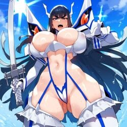 ai_generated areolae bakuzan bangs black_hair blue_eyes blush breasts cleavage_cutout depressu eyebrows female hair_ornament hairclip junketsu kill_la_kill kiryuuin_satsuki leaning_forward long_hair looking_at_viewer navel nipples pointing_at_viewer puffy_nipples revealing_clothes shiny shiny_hair shiny_skin suspenders sweat sword thick_eyebrows thighhighs