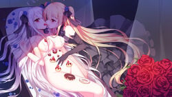 2girls ahoge black_dress black_gloves blonde_hair blue_rose blush breasts cream cream_on_body curtains doughnut dress elbow_gloves flower food fruit gloves grey_hair hair highres long_hair lying mouth_hold multiple_girls niliu_chahui nude nyotaimori original pastry petals red_eyes red_rose rose rose_petals strawberry tied_hair tokisaki_asaba tokisaki_mio twintails yuri 逆流茶会