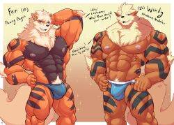 abs absurd_res age_difference anthro arcanine biceps bulge clothed clothing detailed_bulge dialogue duo english_text fen_(kulplant) generation_1_pokemon hair hi_res male male_only muscular muscular_male nintendo nipples pokemon pokemon_(species) pose pubes shinobiya size_difference solo_male text tied_hair underwear underwear_only windy_(shinobiya)