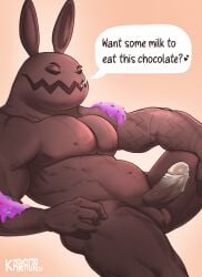 1boy 2024 absurd_res anthro balls bodily_fluids brown_balls brown_body brown_glans brown_nipples brown_penis bun_bun_(fortnite) candy chocolate chocolate_bunny dessert dialogue english_text epic_games erection food food_creature fortnite genital_fluids genitals glans half-closed_eyes heart heart heart_symbol hi_res humanoid_genitalia humanoid_penis kagradon lagomorph leporid living_candy living_chocolate male male_only mammal narrowed_eyes nipples nude open_mouth penis precum rabbit simple_background solo talking_to_viewer text vein veiny_penis