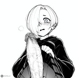 1girls ai_generated big_penis black_and_white black_clothing dickgirl futanari idolmaster lifting_skirt looking_at_viewer manga_style penis pov presenting_penis shirasaka_koume text veiny_penis watermark white_background xufuta_ai