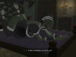 1girls anthro argonian_female athletic_female bedroom dialogue feet female looking_at_viewer lusty_argonian_maid maid_uniform mengao pantyhose presenting_ass skyrim the_elder_scrolls tiny_breasts toeless_socks visible_nipples