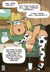 1girls 1milf 2d blonde_hair cow_print english_text floating_hands huge_breasts kowa_(artist) kowaworks02 lactating milf milk milking partial_male rita_loud sagging_breasts short_hair the_loud_house thighhighs