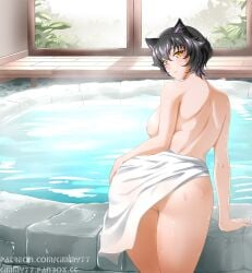 1girls ass black_hair breasts cat_ears catgirl earrings female hand_on_ass kali_belladonna kimmy77 large_breasts looking_at_viewer mature_female milf onsen pussy rwby short_hair towel towel_around_waist towel_only water woman yellow_eyes