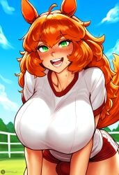 ai_generated big_breasts breasts bulge dickgirl excited freckles futanari green_eyes horny horse_ears horse_girl horse_tail horsecock oc open_mouth orange_hair original_character sweating text umamusume watermark xufuta_ai