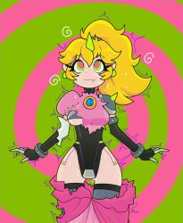 1girls blonde_hair breasts clothing corruption female female_only femsub fully_clothed mario_(series) mid-transformation nintendo princess princess_peach rakuma-imp revealing_clothes skimpy_clothes solo tagme transformation