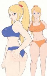 ass blonde_hair blue_eyes blue_panties blue_underwear blush bra breasts cleavage closed_mouth clothing female hand_on_own_ass high_ponytail high_resolution inkerton-kun inkuusan large_breasts long_hair looking_at_viewer metroid mole mole_under_mouth multiple_views open_mouth orange_panties orange_underwear pantsu ponytail samus_aran simple_background sports_bra sweat tied_hair underwear white_background