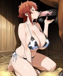 ai_generated aizawa_tomo big_breasts breasts cow_print_bikini horse horsecock kissing_penis kneeling tomo-chan_wa_onna_no_ko