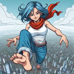 ai_generated barefoot blue_eyes blue_hair bulma_briefs city city_destruction crush destruction dragon_ball dragon_ball_super dragon_ball_z dude_duderson giantess light-skinned_female light_skin stomping