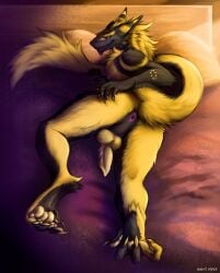 absurd_res animal_genitalia anus ass backsack balls genitals hi_res jackel_(hacksource553) looking_at_viewer looking_back looking_back_at_viewer lying male on_front pawpads penis perineum raised_tail sergal solo spread_butt spreading tail wolfs-niper