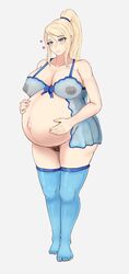 1girls babydoll belly big_belly blonde_hair botsu breasts female female_only female_protagonist huge_belly lingerie metroid negligee nintendo nipples nipples_visible_through_clothing pregnant pubic_hair ready_to_pop samus_aran see-through_lingerie solo video_games