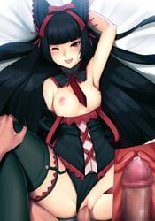 1boy 1girls arm_up armpits bangs bare_shoulders bed_sheet black_hair black_legwear blunt_bangs blush bow breasts censored clothing detached_collar eye_contact female garter_straps gate_-_jieitai_ka_no_chi_nite_kaku_tatakaeri hairbow happy_sex highres hime_cut internal_view itami_youji long_hair looking_at_another looking_at_viewer lying male medium_breasts mosaic_censoring nipples on_back one_eye_closed open_mouth panties panties_aside penetration penis pov precum pussy red_eyes rory_mercury sex single_thighhigh spread_legs straight thighhighs tongue tony_guisado underwear uterus vaginal_penetration very_long_hair x-ray