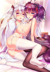 2futas :d absurdres after_paizuri animal_ears aran_sweater areolae autopaizuri black_legwear blue_eyes blush breast_press breasts cum cum_on_body cum_on_breasts cum_on_upper_body dk.senie feet futa_on_futa futanari garter_belt garter_straps heart heart-shaped_pupils heterochromia highres horny intersex lace lace-trimmed_thighhighs large_breasts long_hair multiple_futa no_shoes open_mouth original paizuri pantyhose penis purple_eyes purple_hair pussy saliva short_hair silver_hair smile sweat sweater symbol-shaped_pupils symmetrical_docking tail teeth thighhighs tongue tongue_out v white_legwear yellow_eyes