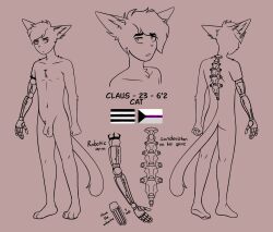 anthro claus_(timmy_rap_1o1) cyberpunk demisexual_pride_colors domestic_cat felid feline felis genitals hi_res humanoid lemonpuff lgbt_pride male male_only mammal model_sheet penis pride_colors robotic_arm robotic_claws robotic_limb solo straight_pride_colors tuxedo_cat unfinished