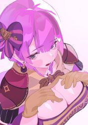 1girls bernadetta_von_varley blush breasts brown_gloves cleavage female female_only fire_emblem fire_emblem:_three_houses gbbgb321 gloves hands_on_own_chest highres large_breasts looking_at_viewer nintendo open_mouth purple_eyes purple_hair short_hair solo upper_body