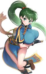 1girls absurdres artist_name bare_legs big_ass big_breasts blush boots breasts closed_mouth dress earrings female female_only fingerless_gloves fire_emblem fire_emblem:_the_blazing_blade gloves gonzarez green_eyes green_hair grey_hair high_ponytail highres holding jewelry knee_boots large_breasts legs lips long_hair looking_at_viewer lyn_(fire_emblem) lyndis_(fire_emblem) nintendo ponytail sheath sheathed shiny_skin short_sleeves signature simple_background smile solo sword thighs weapon