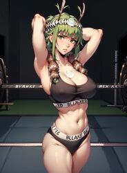 1girls abs ai_generated angry antlers artemis artemis_(hades) athletic_female blacked blacked_clothing blush braided_hair breasts embarrassed female female_focus goddess greek_mythology green_hair gym gym_uniform hades_(game) hands_behind_head long_hair looking_at_viewer medium_breasts mountain mythology shorts solo_focus sports_bra stable_diffusion thick_ass thick_thighs thighs virgin weights