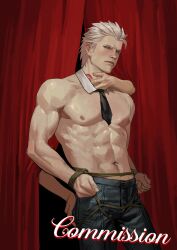 abs annoyed blue_eyes bondage devil_may_cry devil_may_cry_5 hair_slicked_back looking_at_viewer male mature_male muscular_male shirtless vergil white_hair