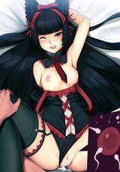 1boy 1girls after_sex arm_up armpits bangs bed_sheet black_hair black_legwear black_panties blunt_bangs blush bow breasts censored clothing cum cum_in_pussy cum_inside detached_collar duo eye_contact faceless_male female garter_straps gate_-_jieitai_ka_no_chi_nite_kaku_tatakaeri hairbow happy_sex highres hime_cut human impregnation itami_youji long_hair looking_at_another looking_at_viewer lying male medium_breasts mosaic_censoring nipples on_back one_eye_closed open_mouth ovum panties panties_aside penis pov pussy red_eyes rory_mercury single_thighhigh solo sperm_cell spread_legs straight thighhighs tongue tony_guisado underwear very_long_hair x-ray