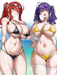 2girls azur_lane beach bikini blue_hair breasts female hi_res hips huge_breasts kirome_(kamipaper) light-skinned_female light_skin long_hair outdoors pola_(azur_lane) pola_(seaside_coincidence)_(azur_lane) red_hair sisters thick_thighs thighs wide_hips zara_(azur_lane) zara_(poolside_coincidence)_(azur_lane)