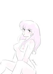 1girls amamorituyuko artist_signature blush breasts female hair_over_shoulder human kyoko_otonashi long_hair maison_ikkoku monochrome naked naked_female nipples nude nude_female simple_background sitting sketch solo solo_female watercolor white_background