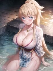 ai_generated alluring big_breasts blonde_hair blue_eyes blush breasts eyebrows_visible_through_hair kekkon_yubiwa_monogatari kimono krystal_novaty_nokanatika looking_at_viewer ponytail voluptuous voluptuous_female water wet wet_body wet_clothes