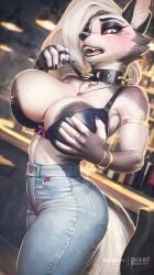 anthro areolae big_ass big_breasts blush bra clothed collar drunk female female_only flustered gray_areola gray_nipples grey_areola grey_nipples helluva_boss hi_res jeans large_ass loona_(helluva_boss) necklace nip_slip pixelsketcher ring sports_bra thick_thighs