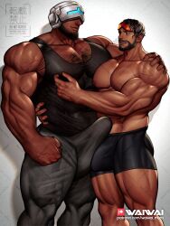 2boys apex_legends bara erection gay goggles helmet large_penis mirage_(apex_legends) muscle newcastle_(apex_legends) nude penis waiwai_mura yaoi