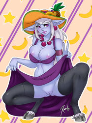 2017 5_fingers areola banana big_breasts breasts caprine celestial_(league_of_legends) colored_nails crouching digitigrade dress dress_lift ear_piercing female fingers food fruit grapes hat highres hooves humanoid jewelry league_of_legends lipstick long_ears long_hair looking_at_viewer mammal necklace nipples no_underwear order_of_the_banana_soraka piercing pineapple purple_eyes purple_lips purple_nails purple_skin pussy simple_background smooth_skin solo soraka star the_grind_series thighhighs v white_hair xinaelle