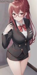 ai_generated ai_hands anime anime_style black_skirt blazer bowtie female female_human female_only girl girls glasses legs long_hair only_female only_girl red_eyes red_hair shirt skirt soli_sketch thick_thighs thighhighs thighs white_shirt wide_hips