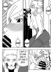 1boy 1girls big_breasts blowjob blush boruto:_naruto_next_generations breasts cheating cheating_husband cheating_wife climax comic cum cum_in_mouth cum_in_nose cum_out_nose dialogue english_text fellatio female huge_breasts kneeling male male/female milf monochrome naruto naruto_(series) netorare ninrubio nipples ntr oral oral_sex pantyhose ponytail puffy_nipples quad_tails standing story straight sucking sucking_penis temari text tied_hair topless topless_female uzumaki_naruto voluptuous