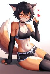 ai_generated anthro athletic athletic_female body_fur elbow_gloves female fox_ears fox_girl fox_tail furry heart looking_at_viewer love_hearts midriff navel novelai short_shorts shorts sports_bra thighhighs