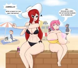 5girls beach big_band big_breasts filia_(skullgirls) marie_korbel parasoul peacock_(skullgirls) sisters skullgirls sunscreen tagme touhoufan umbrella_(skullgirls)