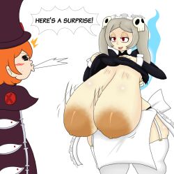 big_breasts bloody_marie breast_awe breasts gigantic_breasts huge_breasts peacock_(skullgirls) skullgirls text touhoufan