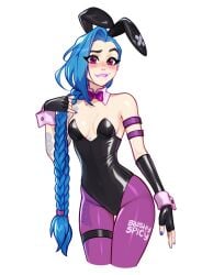 1girls artist_logo artist_name artist_signature biting_lip blue_hair blush blush_lines blushypixy blushyspicy braid bunny_ears bunnysuit female female_only human jinx_(league_of_legends) league_of_legends looking_at_viewer riot_games smile smiling solo three-quarter_portrait url