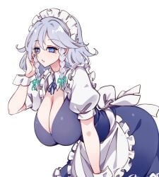 1girls big_breasts blue_eyes braids breasts cleavage clothed_female grey_hair light-skinned_female maid raptor7 sakuya_izayoi silver_hair solo solo_female touhou white_background