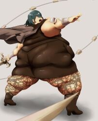 1girls bbw byleth_(fire_emblem) byleth_(fire_emblem)_(female) female fire_emblem fire_emblem:_three_houses leggings nintendo obese overweight overweight_female seatbeltdraws swell_reads weapon weight_gain