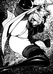 1girls blindfold breasts female female_only leotard nier nier:_automata panties solo stockings sword weapon white_hair yorha_2b