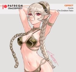 1girls alternate_costume alternate_hairstyle armpits arms_behind_head bare_arms bare_midriff bare_thighs bikini braid braided_ponytail chain_leash chains cleavage collar corrin_(fire_emblem) corrin_(fire_emblem)_(female) cosplay crazzeffect crossover female female_only fire_emblem fire_emblem_fates grey_background grey_hair hair_between_eyes hairband leash looking_at_viewer midriff nintendo pointy_ears ponytail pose red_eyes slave slave_bikini slave_leia_(cosplay) solo star_wars thighs upper_body very_long_hair