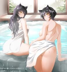 2girls ass black_hair blake_belladonna breasts cat_ears catgirl earrings edited hand_on_ass kali_belladonna kimmy77 large_breasts long_hair looking_at_viewer milf mother_and_daughter multiple_girls onsen pussy rwby short_hair towel towel_around_waist water yellow_eyes