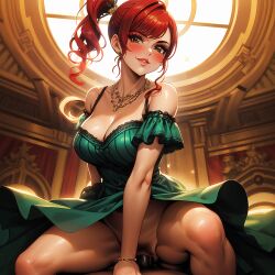 ai_generated cabaret erza_scarlet fairy_tail frills long_dress makeup off-shoulder_dress payop ponytail proud vaginal_penetration vaginal_sex