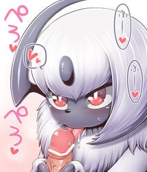 1boy absol ambiguous_gender black_skin blush canine censored claws fellatio fellatio_from_feral feral fur furry handjob heart horn human human_on_feral interspecies kemono licking male_on_feral mammal nintendo oral paws penis pink_background pokemon pokemon_(species) pokemon_rse rantanatan red_eyes saliva sex simple_background sweat text tongue tongue_out veins veiny_penis video_games white_fur zoophilia