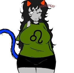 1girls :3 big_breasts black_hair bruhkitkat cat_girl cat_tail catgirl chubby chubby_female clothed clothed_female clothing grey_body grey_skin homestuck horns meulin_leijon ms_paint_adventures plus_size solo solo_female solo_focus troll watermark wink winking