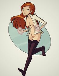 1girls ben_10 ben_10_alien_force black_legwear bottomless breasts cartoon_network female female_only green_eyes gwen_tennyson gwen_tennyson_(alien_force) kt-draws long_hair long_legs looking_at_viewer navel nipples open_clothes open_shirt orange_hair solo thighhighs