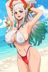 armpits arms_behind_head bikini covered_crotch covered_nipples covered_pussy earrings female female_only horns krabby_(artist) one_piece orange_eyes repeated_image seaside tagme teal_hair thousand_sunny water white_hair yamato_(one_piece)